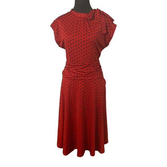 Lindy Bop Red Black Polka Dot Ruched Fit & Flare Dress Bow Shoulder Size US 20 - Picture 1 of 9